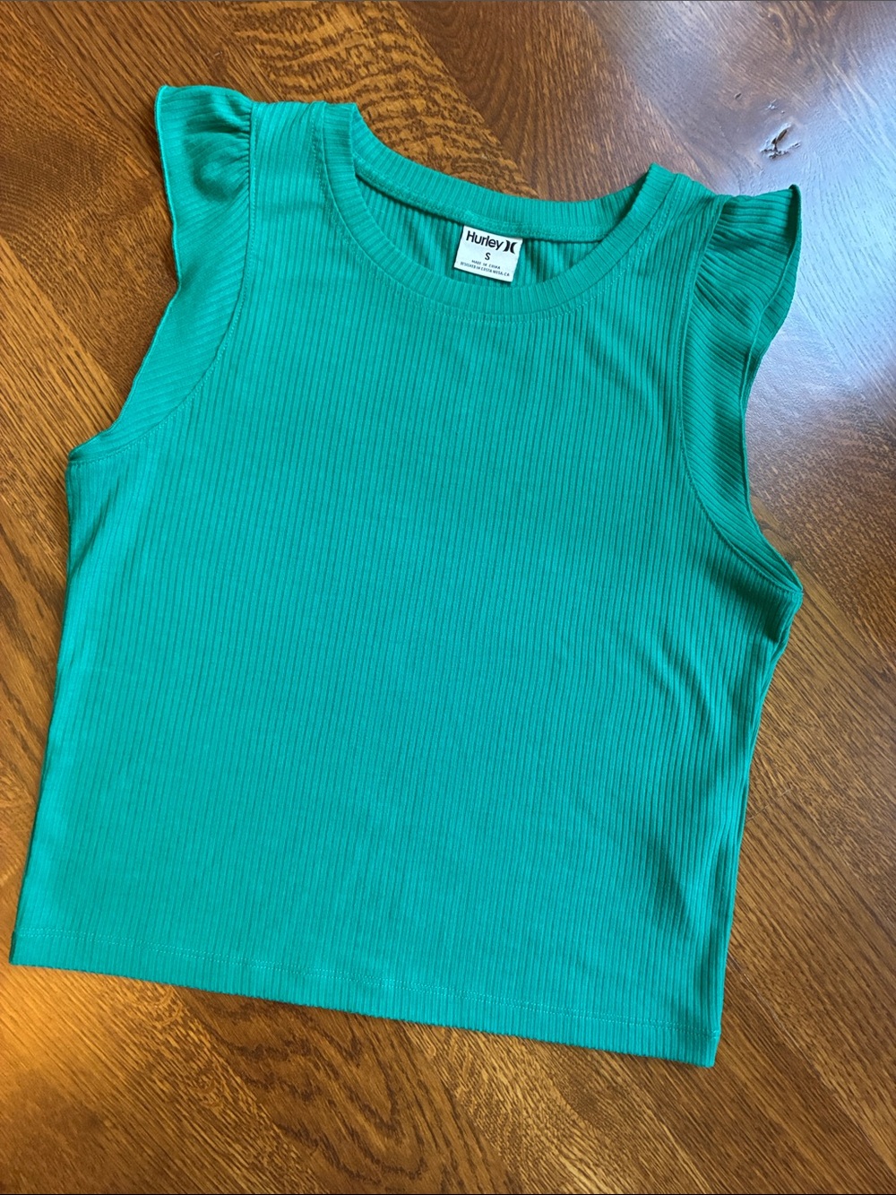 Hurley Teal Ribbed Tank with Flutter Cap Sleeves